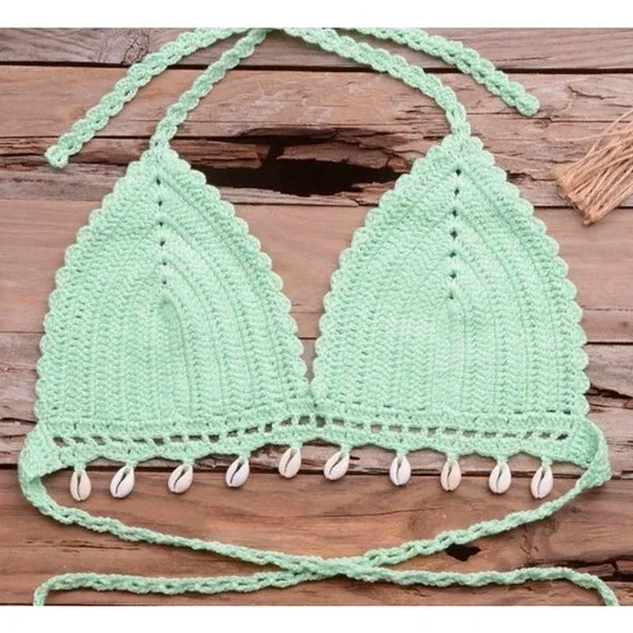 Mint Green SEXY Seashell Crochet Wrap Around Waist & Neck Tie TOP ONLY NEW!🐚 - Picture 2 of 14